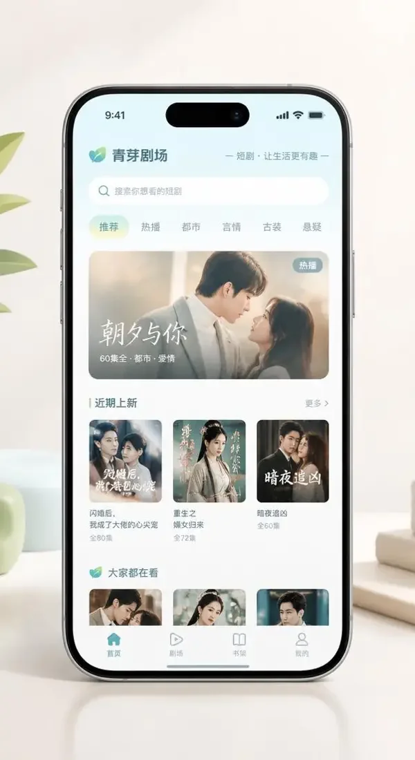 黄果短剧APP播放界面示意，玫瑰粉霓虹主题